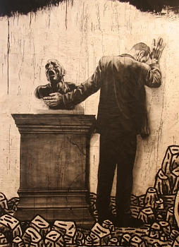 composition d'Ernest Pignon-Ernest sur sol de pavés de Speedy Graphito, en 2005 à l'Espace des Blands Manteaux