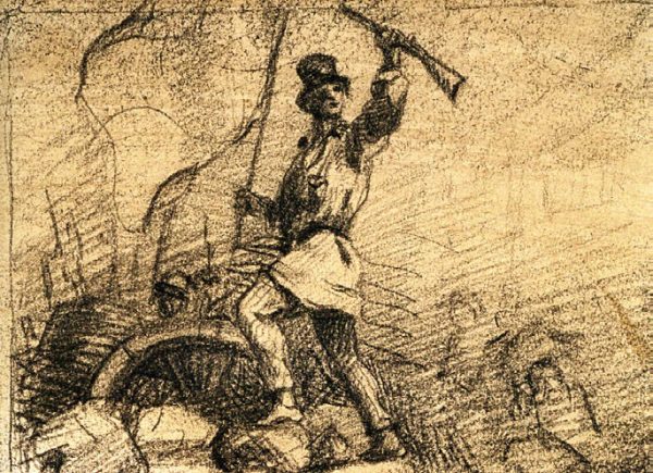 Gustave COURBET, Révolutionnaire sur une barricade (projet de frontispice pour Le Salut public), 1848, fusain sur papier. Musée Carnavalet — Histoire de Paris. © Musée Carnavalet / Roger-Viollet.